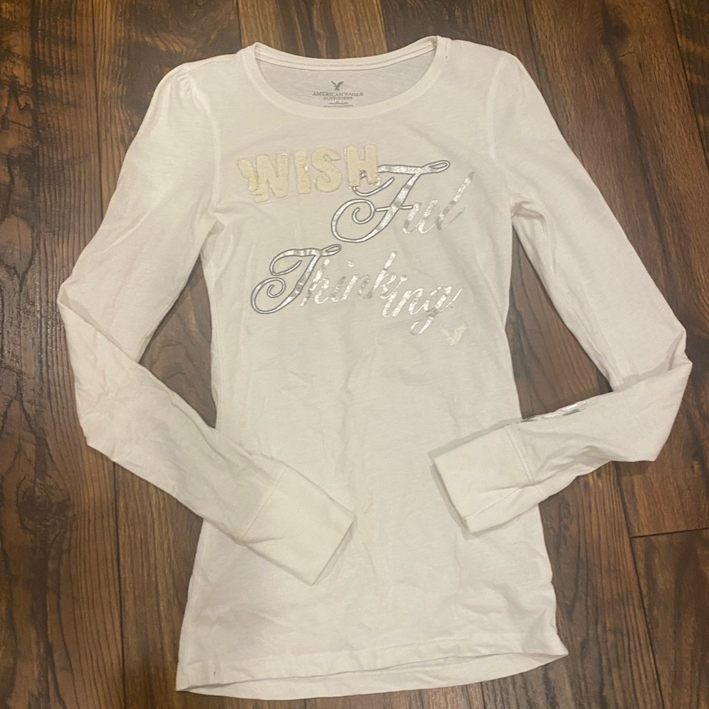 American Eagle Outfitters White Long Sleeve Top wishful thinking size small
